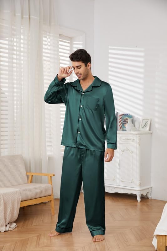 Image of U2SKIIN Mens Silk Pajamas Set, Long Sleeve Satin Pajamas for Men Sleepwear Button Down Pjs Set Two-piece