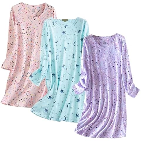 Inadays 3 Pack Women's Cotton Nightgown Sleepwear Long Sleeves Nightshirt Fun Print Sleepdress Loose Comfy Sleepshirts L Star+Purple+Pink-L Cover