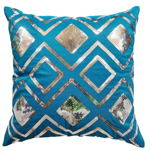 Image of Checks Turqoise Silver Sequin Cushion Covers Size - 40x40 (Pack of 3)