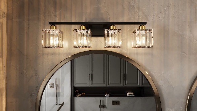 Image of She's home 28 Inch Black Gold Vanity Light for Bathroom 4 Lights, Bathroom Wall Light Fixture Over Mirror with Crystal Shade