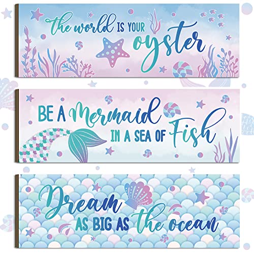 Image of Yerliker 3pcs Mermaid Wall Decor Ocean Theme Wooden Wall Art for Girls Seaside Theme Plaques Decor Mermaid Tail Shell Signs for Baby Nursery Bedroom Bathroom Room Home Decoration