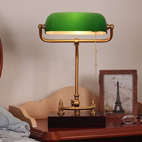 Zfggd Lampe de Table de banquiers Classique avec Abat-Jour en Verre Vert et Base en Laiton, Lampe de Bureau Traditionnelle à l'ancienne E27 Interrupteur à Tirette
