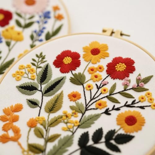 Image of Zhenqing 4-Piece Floral Embroidery Kit for Beginners - Complete Set with Sunflower, Daisy Designs & Pre-Printed 29x29cm Cotton Fabric, Hoop, Threads & Tools(C0166)