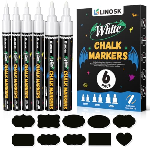 LINOSK White Liquid Chalk Pens 3 Tip Sizes (1mm/3mm/6mm Reversible) Easy Wipe for Blackboard Glass Window Includes 45 Black Labels for School Christmas & Home Organisation