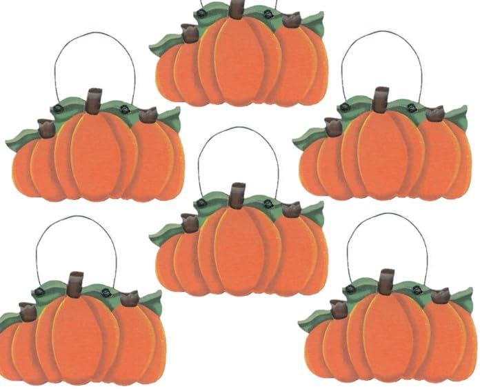 Set of 6 Fall Harvest Pumpkins Wood Ornaments by Factory Direct Craft for Thanksgiving and Autumn Home Decorating and Displaying (Size: 4-1/2 inches)