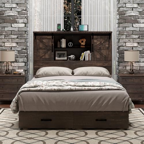 HOWE Queen Size Wood Platform Bed Frame with 51.2\" Bookcase Headboard, Storage Bed with Sliding Barn Door Charging Station 2 Drawers, No Box Spring Needed/Farmhouse/Brown
