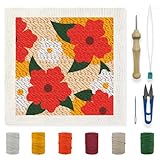 INFUNLY Punch Needle Rahmen Kits Rote Blumen Punch Needle Stickset Mit Mustern 9.4x9.4 Punch Needle Starter Kit Für Anfänger Mit Garn Stoff Festivalgeschenk Heimdekoration