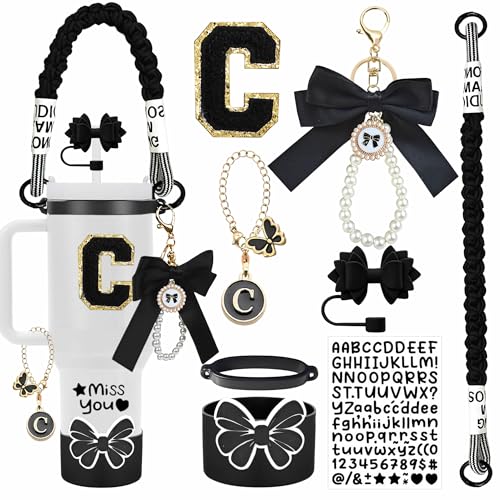 FRZSHENG 8PCS Cup Accessories Set for Owala Bottles, Stanley Quencher H2.0 30/40oz & IceFlow 20/30oz, Fits Hydro Flask 12–24oz, Letter Charms, Silicone Bow Boot & Straw Topper (C, Black Midnight)