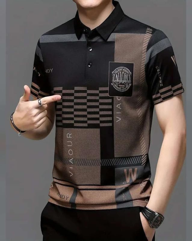 Image of AUSK Men Printed Polo Neck Cotton Blend T-Shirt (Regular Fit, Half Sleeve) || Tshirts for Mens