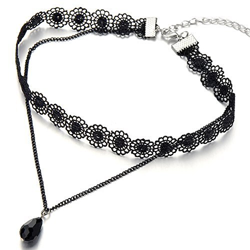 COOLSTEELANDBEYOND Negro Encaje Cadena Tatuaje Collar de Gargantilla Choker Collar de Mujer, Lágrima Perla Negro Charm Colgante