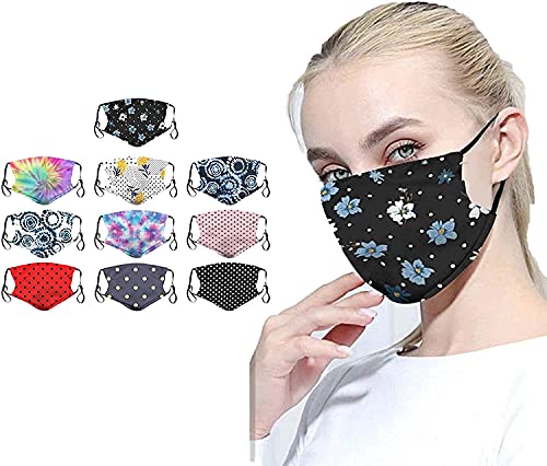 [US Stock] 10 pañuelos para mujer, reutilizables, lavables, para el cuidado de la piel, patrón de mariposa floral con bucles ajustables, filtro de bolsillo, alambre de nariz, para el hogar,