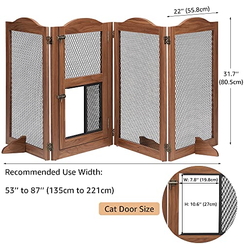 beeNbkks Freestanding Pet Gate with Cat Door, Dog Proof Cat Gate, Indoor Dog Gates for The House Doorways Stairs, Metal Mesh Wooden Small Animal Pet Barrier with Walk Through Door and Support Feet