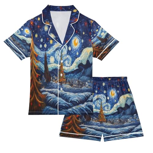 ALAZA Hipster Van Gogh Starry Night Satin Pajamas Set Short Sleeve Button Down Sleepwear Summer Pjs 2 Piece