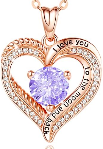 EUDORA Heart Women Necklace 925 Sterling Silver 12 Birthstone Pendant Necklaces for Women with 5A Cubic Zirconia, I Love You to the Moon and Back Jewelry Birthday Gift for Women Mom Wife Girls Her