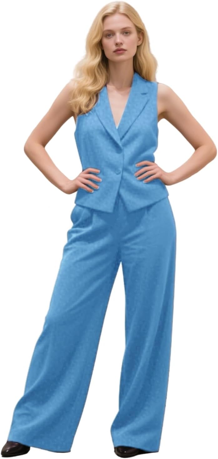 Women's 2 Pcs Outfits V Neck Button Blazer Vest Pants Business Professional Suits for Wedding