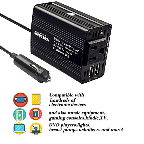 Bapdas 150W Car Power Inverter DC 12V to 110V AC Car Converter with 3.1A Dual USB Car Adapter-Black