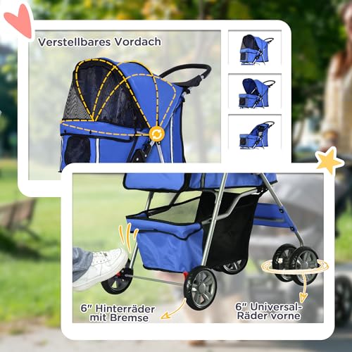 PawHut Hundewagen, klappbar Hundebuggy für kleine Hunde und Miniaturhunde, Katzenbuggy mit Aufbewahrungskorb, Becherhalter, Netzfenstern, Haustierwagen Oxford, Blau
