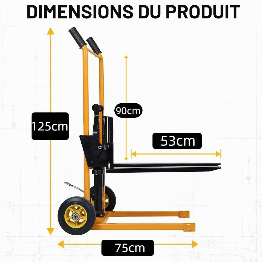 Transpalette Manuel Hydraulique 200 kg Empileur Gerbeur avec Fourches Réglables et Pieds Fixes Hauteur de Levage 90 cm Chariot Élévateur pour Atelier, Entrepôt, Magasin Matériel de Manutention