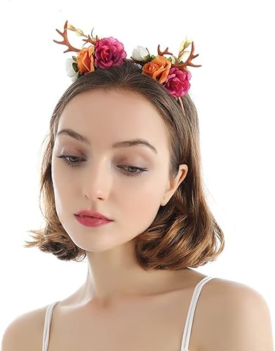 Miniatura 3 de Wiwpar Diadema con cuernos para el cabello, aro de corona de flores, diadema floral, diadema para festivales de Navidad, lindos ciervos, accesorios