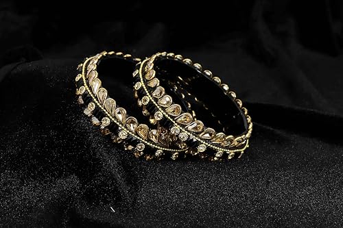 Image of NMII Glass Golden Zircon Stone & Kundan Beads Kada Set For Women & Girls | Fancy Design Kada Bangles | Traditional Look Kangan | Glass Bangles For Women Wedding, Party, Function, Daily use