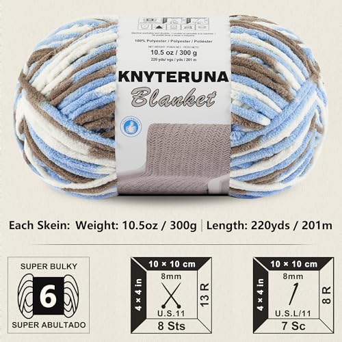 Image of #6 Super Bulky Blanket Yarn for Crocheting - 4 Skeins(Each 10.5oz /300g, 220yds /201m), Chunky Chenille Thick Plush Big Soft Yarn for Crocheting Knitting Blankets, Khaki & Blue & White