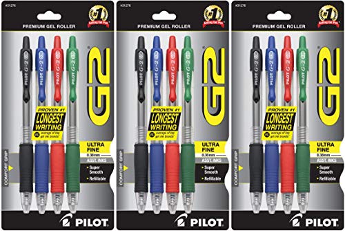 PILOT G2 Premium Refillable & Retractable Rolling Ball Gel Pens, Ultra Fine Point, Black/Blue/Red/Green Inks, 4-Pack (31276) - 3 Pack