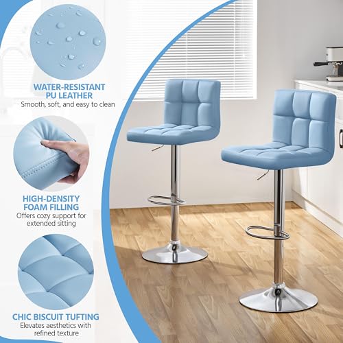 Image of Yaheetech Bar Stools Set of 4, Adjustable PU Leather Swivel Barstools, Modern Counter Stools with Back and Footrest, Counter Height Barstools for Bar, Kitchen, Dining Room, Blue