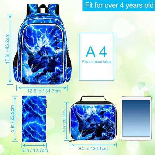 Image of 3Pcs Dinosaur Backpack for Boys, 17 inch Kids Lightning Bookbag for Elementary Preschool Kindergarten, Triceratops School Backpacks with Lunch Box (Blue)