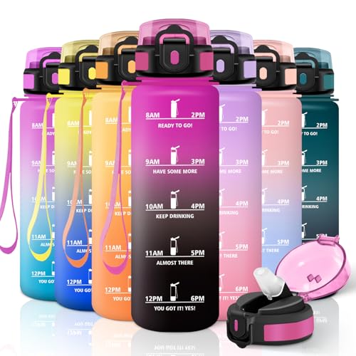 Motswedi Botella Agua, 1000ml con Pajita, Cantimplora, a Prueba de Fugas, Botella Agua Gimnasio, Sin BPA, con Marca de Tiempo, Botellas de Agua para Gym, Bicicleta, Yoga, Oficina, Morado Rojo & Negro