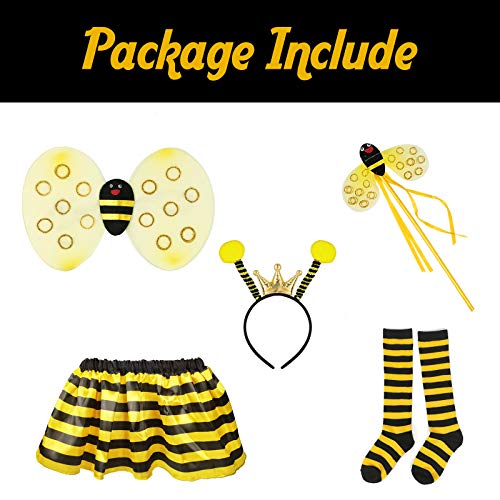Joy Bang Bee Costume Bee Wings Costume Accessories 5PCS Bumble Bee Wings for Kids Princess Fancy Dress Up with Tutu Dress Wings Headband Wand Bee Socks