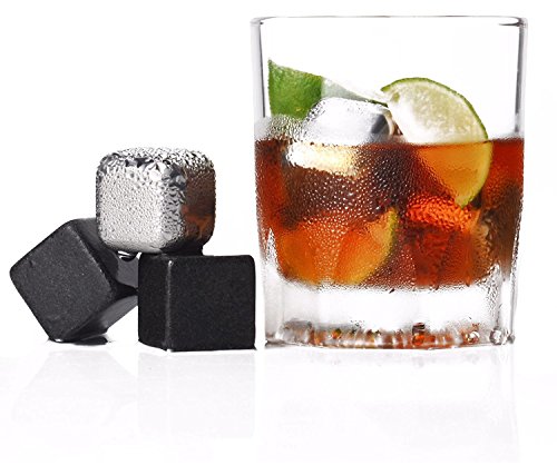 Rocks and Stainless Steel Whiskey Stones, Pouch and Tong. Awesome Set of Reusable Ice Cubes, Chilling Stones