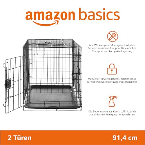 Amazon Basics Zusammenklappbarer Hundekäfig aus Metalldraht mit Bodenschale, Doppeltür, Schwarz, L 91 x B 58 x H 64 cm