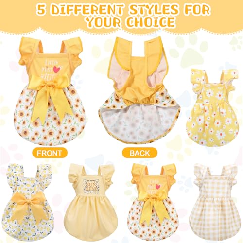 Abbylike 5 Pcs Dog Dress Floral Daisy Sunflowers Lemon Plaid Bowknot Dog Clothes Summer Yellow Puppy Dresses Outfits Cute Apparel for Small Pets Cats Female (Large) - Image 4
