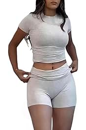 Casual Workout Two Piece Outfits for Women Short Sleeve Crop High Waist Foldover Shorts Tracksuit Sets Streetwear