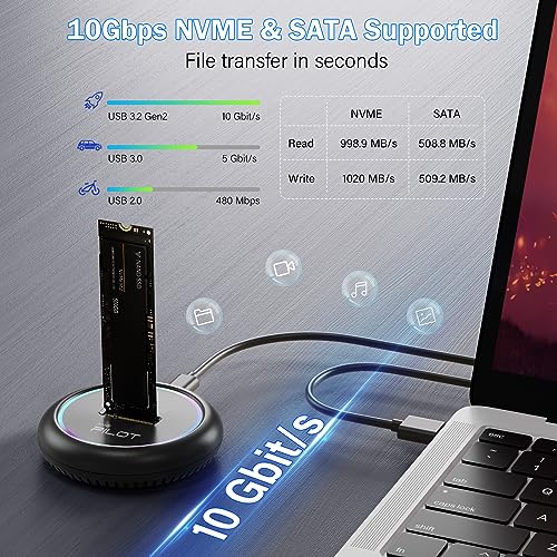Image of M.2 NVMe & SATA to USB C Docking Station, M.2 SSD to USB A C Reader Adapter for Both M Key & B+M Key NVMe PCIE and SATA NGFF SSD Dock, Size for 22110 2280 2260 2242 2230 RGB Light Enclosure
