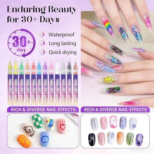 2026 New12 Colors Nail Art Pens Set,Nail Art Markers,Waterproof and Quick-drying Nail for Drawing Painting Liner Brush for DIY Nail Art Beauty Adorn Manicure 3D Nail Art — view 5