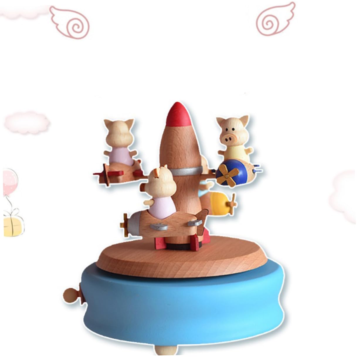 ABOOFAN Rotary Musical Kasten Holz Spieluhr Cartoon Schwein Melodiebox für Kinder Himmel Blau Mechanisch Batterie Erforderlich Handwerkskunst für Weihnachten und Besondere Anlässe