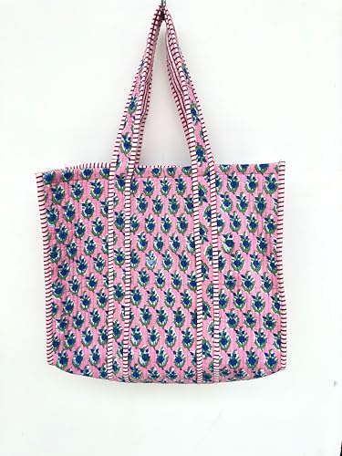 Image of Quilted Cotton Handprinted Reversible Large multicolor Floral Tote Bag,Hand Block Print Shopping Shoulder Carry Bag