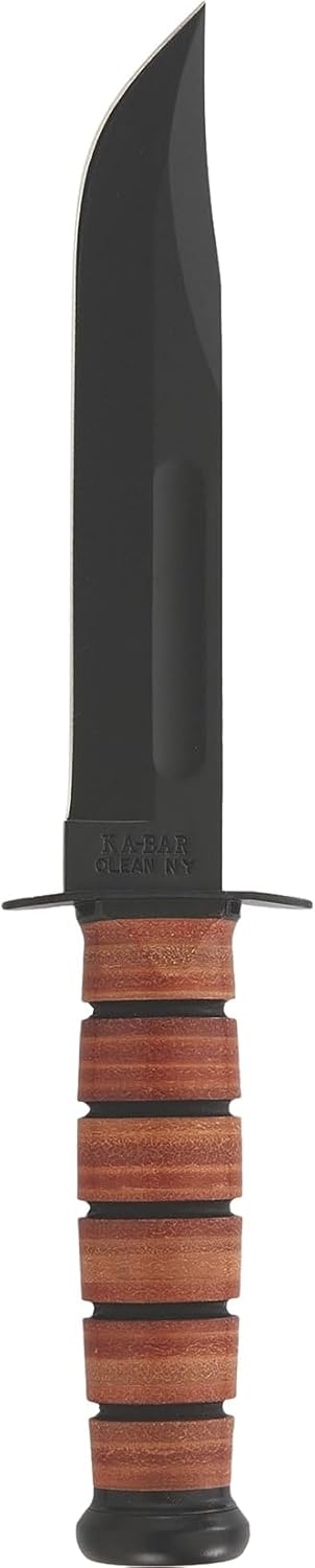 KA-BAR U.S. Army Fighting Fixed Blade Knife 7" Clip Point 1095 Cro-Van Black Powder Coat Blade Stacked Leather Handle Black/Brown
