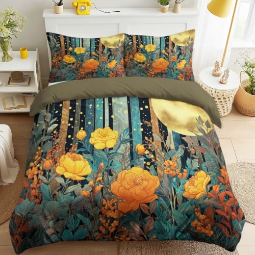 Juego de funda de edredón, juego de cama de fácil cuidado, tamaño Queen, 102 x 87 pulgadas, vintage, pastoral, elegante, acogedor, con rayas artísticas, plantas, flores, fundas de edredón con 2 fundas