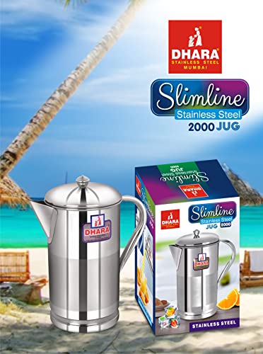 Image of Dhara Stainless Steel 2L Water Jug with Lid, Slim Steel Jug for Dining Table Water Serving, Leakproof, Rust Resistant Easy Pour Slimline Pitcher