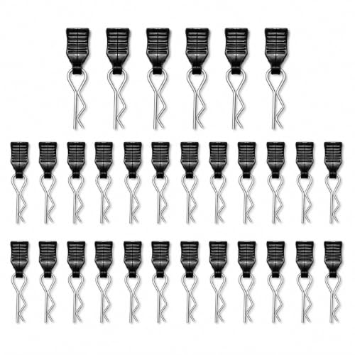 Lot de 30 clips de carrosserie RC noirs - Clips en métal pour carrosserie de voiture RC - Broches incurvées pour véhicules télécommandés à l'échelle 1:8 à 1:20