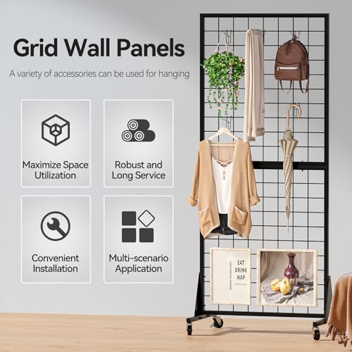2-Pack 2'x5.5' Ft Gridwall Panel Display Stand Heavy Movable Floorstanding Grid Wall Panels Retail Display Rack Craft Show Wire Grid Wall with T-Base 2-Pack Black
