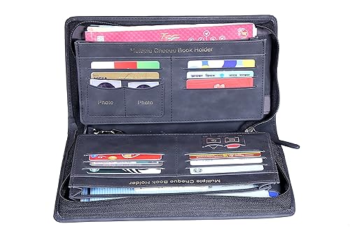 Image of Sukeshcraft Multiple Cheque Book Holder | Original PU Holds Upto 8 Cheque Books, 1 Pin-Sim Slot,14 Credit /Debit Card Slots with Matching Zipper (Pu- Black)