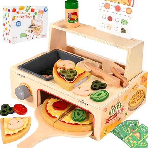 Smartwo Pizza Holzspielzeug Kinderküche, Spielküche Zubehör Holz, 50PCS Pizzaofen mit Pizzaschneider, Küchenzubehör Lebensmittel zum Schneiden, Rollenspiel für Kinder ab 3 Jahren, Geschenk Mädchen