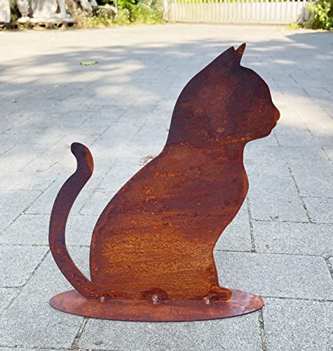 Gartenfigur Katze sitzend 30x25cm auf Platte Edelrost Gartendeko Rost Metall Rostfigur Tier von Steinfigurenwelt (Katze)