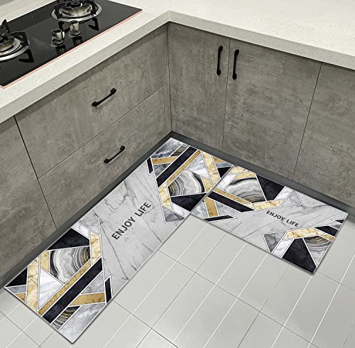 HZVRTN Kitchen Rugs Set 2 Piece Non-Slip Kitchen Mats and Rugs Runner 40x60cm+40x120cm,Comfort Kitchen Floor Mat Waterproof Standing Mats for Office Home Indoor Outdoor (Gray geometry)
