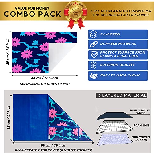 Image of Polyester 3-Layered Fridge Top Cover /Refrigerator Cover With Utility Pockets and Set of 3 Pc Fridge Mats (Color- Floral Blue, Size -39x21 Inches)
