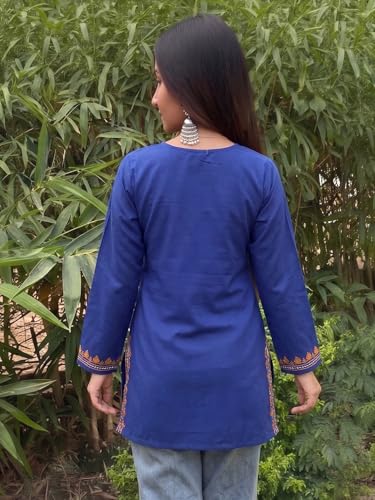 Image of GoSriKi Short Kurti for Women Viscose Embroidered | Kurti for Woman Regular Fit | Round Neck V Slit Full Sleeve Stylish Ladies Top Ethnic Wear Womens Clothing Trendy Kurta Tops