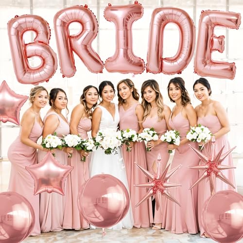 Image of Rose Gold Bride Balloons Bachelorette Party Decorations, 32in Rose Gold Giant Bride Balloons with 4D Disco Ball Balloon and Star Foil Balloon for Bridal Shower Wedding Engagement Party Supplies